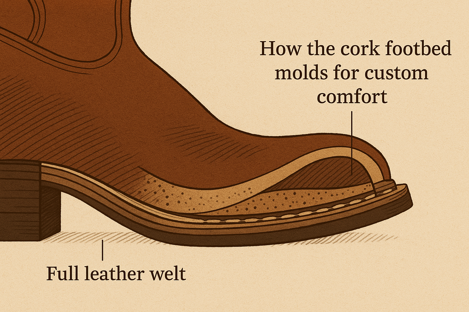 Illustration or photo of a boot's cork footbed