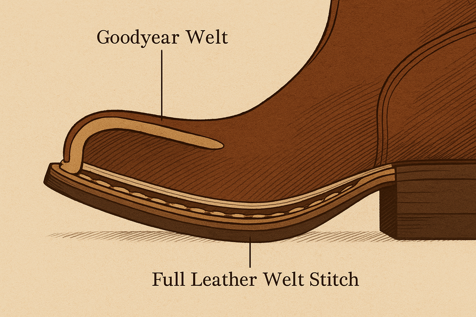 Close-up of Goodyear Welt stitching on a cowboy boot